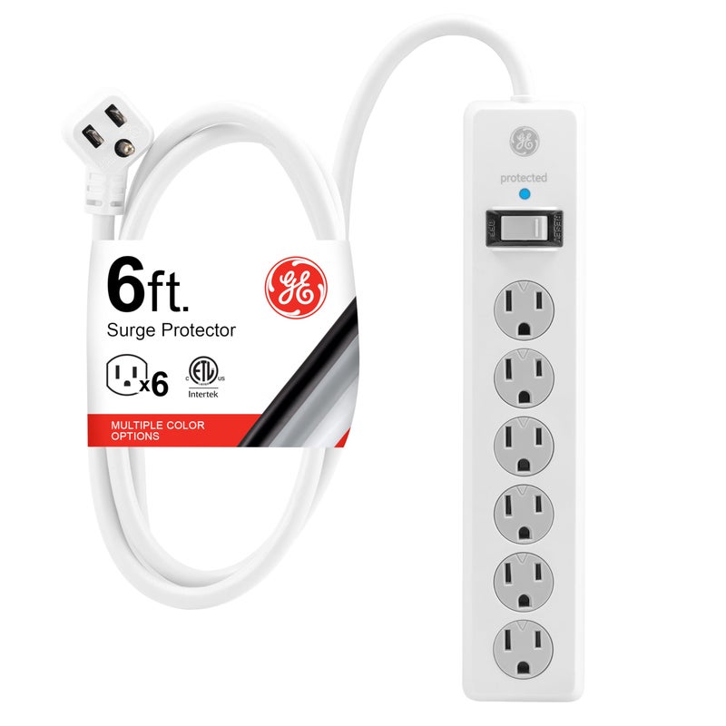 GE Surge Protector Power Strip, 6 Ft Extension Cord, 6 Outlet Extender, 800 Joules, Flat Plug, Twist-to-Close Safety Covers, ETL Listed, White, 67051 - Image 1