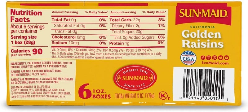 SUNMAID Sun-Maid Natural California Golden Raisins - 6 Count Snack Boxes - Image 2