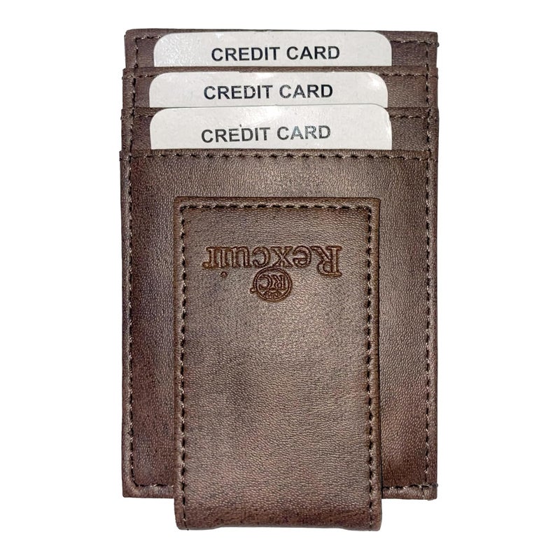 RC Rexcuir Vegan Leather Money Clip Wallet | Super Strong Magnetic Clip | Minimalist Card Case with Money Clip | Slim Front Pocket Wallet | Wallet RFID Blocking (Brown) - Image 1