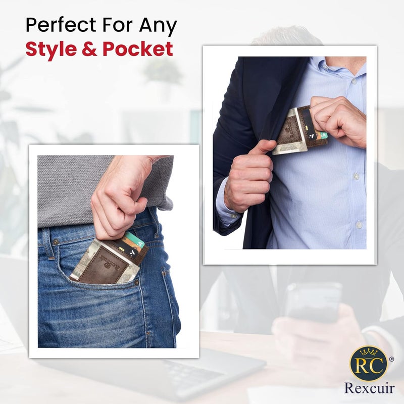 RC Rexcuir Vegan Leather Money Clip Wallet | Super Strong Magnetic Clip | Minimalist Card Case with Money Clip | Slim Front Pocket Wallet | Wallet RFID Blocking (Brown) - Image 5