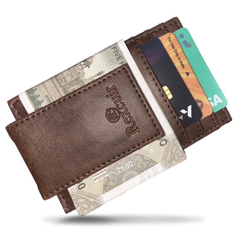 RC Rexcuir Vegan Leather Money Clip Wallet | Super Strong Magnetic Clip | Minimalist Card Case with Money Clip | Slim Front Pocket Wallet | Wallet RFID Blocking (Brown) - Image 2