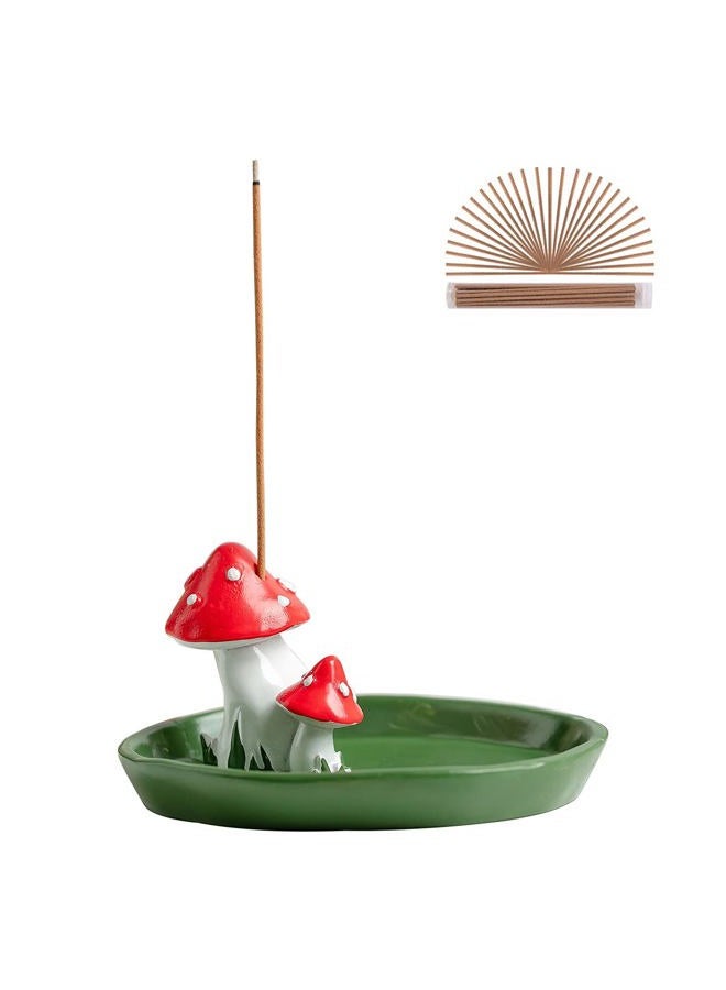 CHUNCHE Cute Mushroom Incense Holder with 30 Incense Sticks, Handmade Resin Burner, Nature Theme Incense Tray, Adorable Home Decoration Accessories(Green) - Image 1
