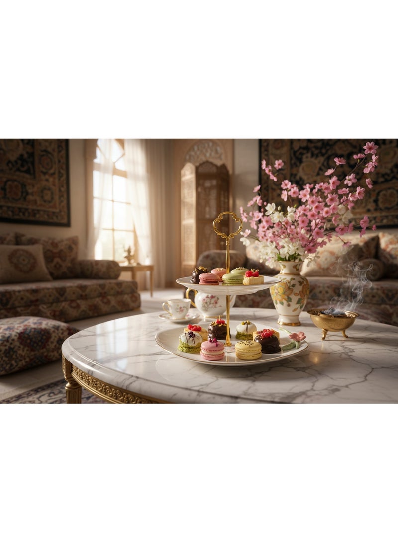 AKDC Angela Floral Elegance 2-Tier Ceramic Cake & Candy Stand – White (32×22×25 cm) - Image 5