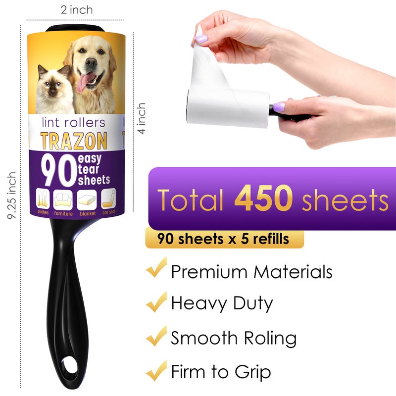 Trazon Lint Rollers Value Pack of 450 Sheets / 5 Refills, Sticky Roller, Lint Remover for Dog, Cat, Pet Hair, Lint Rollers for Clothes, Carpet, Couch, Furniture, Car Seats White - Image 2