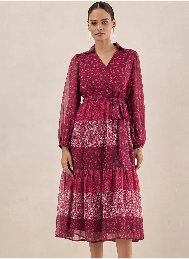 FEMELLA Floral Print Tiered Midi Dress with Tie Belt by Styli