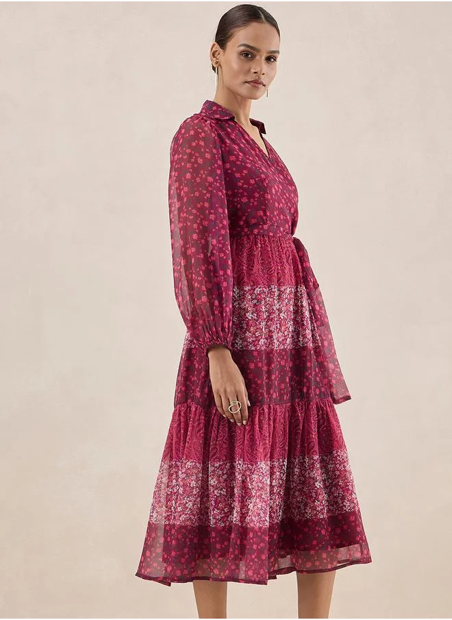 FEMELLA Floral Print Tiered Midi Dress with Tie Belt by Styli