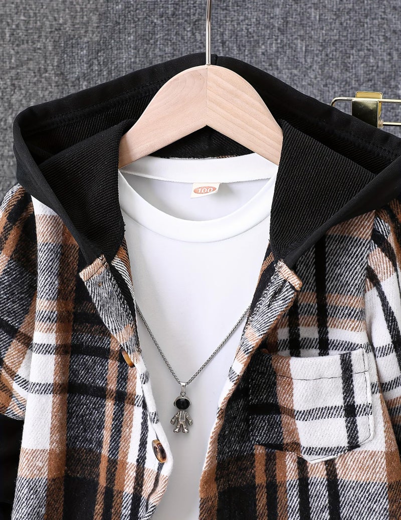 Fdqin 2Pcs Kids Boys Flannel Plaid Shirt Tops Pants Set Hoodie Sweatsuit for Fall Winter Spring Outfits Black 7-8Year - Image 3