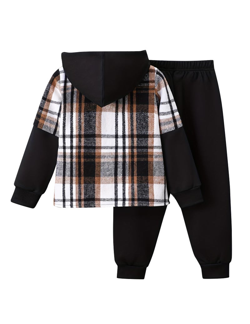 Fdqin 2Pcs Kids Boys Flannel Plaid Shirt Tops Pants Set Hoodie Sweatsuit for Fall Winter Spring Outfits Black 7-8Year - Image 2