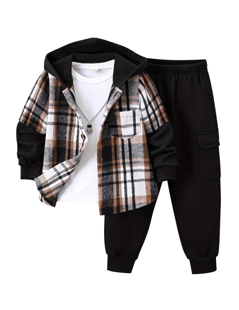 Fdqin 2Pcs Kids Boys Flannel Plaid Shirt Tops Pants Set Hoodie Sweatsuit for Fall Winter Spring Outfits Black 7-8Year - Image 1
