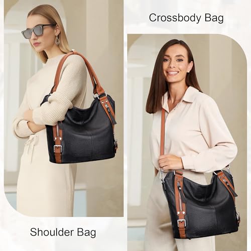 Over Earth Genuine Leather Handbags for Women Hobo Shoulder Bags Ladies Tote Bag(O172E Black/Brown) - Image 2