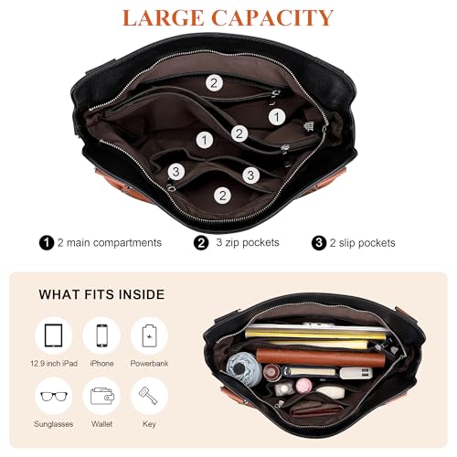 Over Earth Genuine Leather Handbags for Women Hobo Shoulder Bags Ladies Tote Bag(O172E Black/Brown) - Image 5