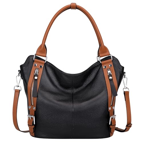 Over Earth Genuine Leather Handbags for Women Hobo Shoulder Bags Ladies Tote Bag(O172E Black/Brown) - Image 1