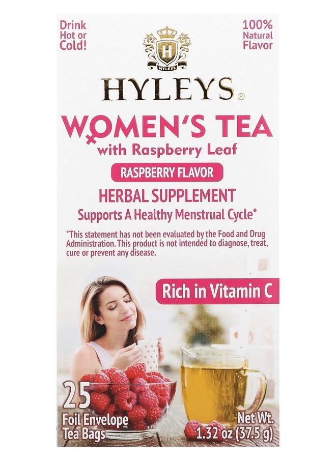 HYLEYS Tea Women's Tea with Raspberry Leaf Raspberry 25 Foil Envelop Tea Bags 0.05 oz (1.5 g) Each 