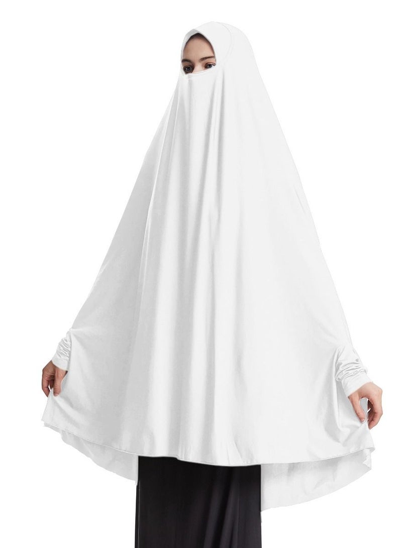 إسكدنيا Women's Solid Color Abaya Batwing Sleeve Thobe Robe With Hijab White  - Image 2