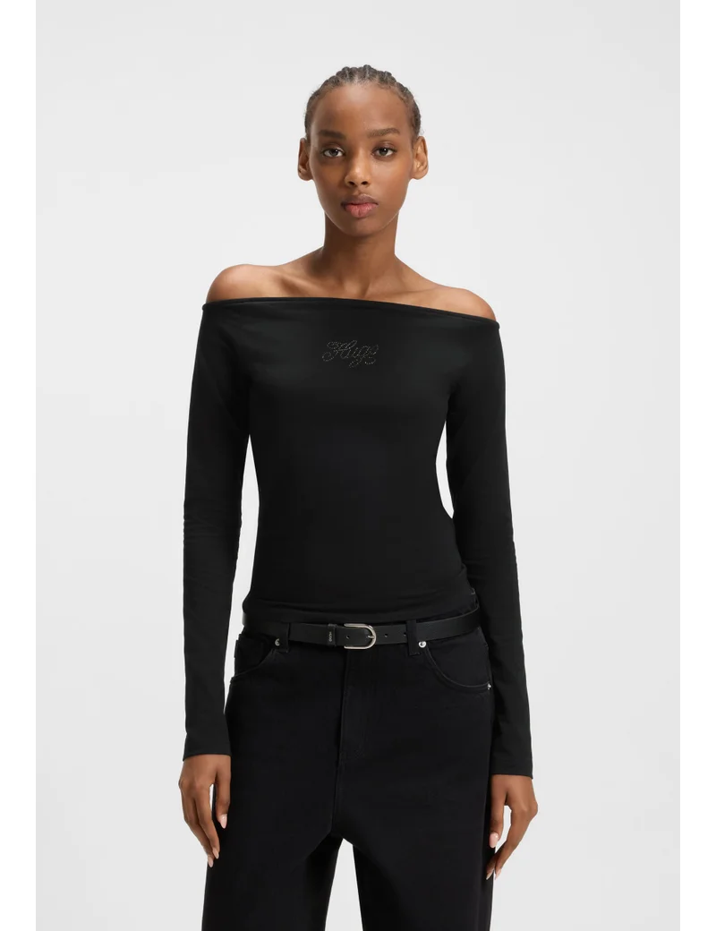 Stretch-cotton top with rhinestone logo