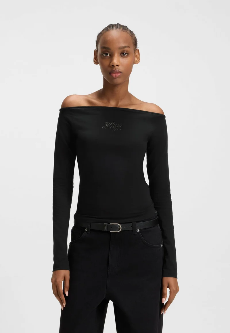 هوجو بلوزة قطنية مطاطية بشعار مرصع بالكريستال