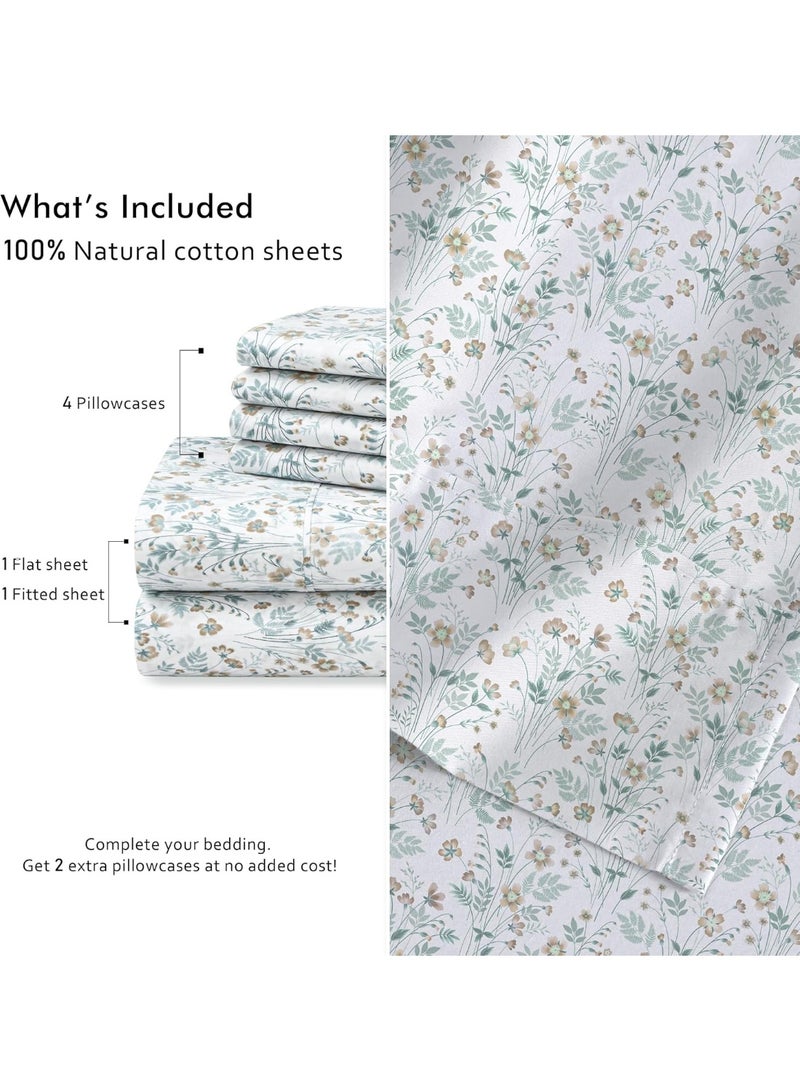 RUVANTI 6 Pcs Cotton Sheets - 100% Natural Cotton Soft, Lightweight & Breathable Crispy Percale Bed Sheets, Queen Sheet Set 16" Deep Pockets, Fleur & Field - Image 3