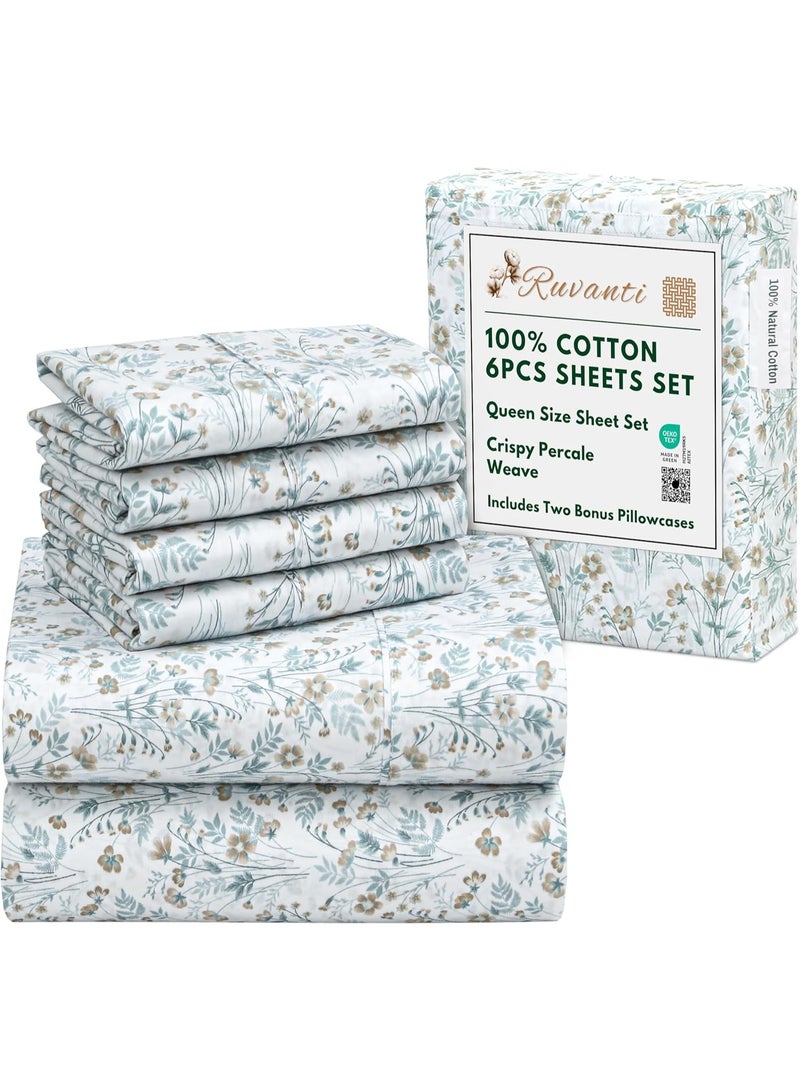 RUVANTI 6 Pcs Cotton Sheets - 100% Natural Cotton Soft, Lightweight & Breathable Crispy Percale Bed Sheets, Queen Sheet Set 16" Deep Pockets, Fleur & Field - Image 1
