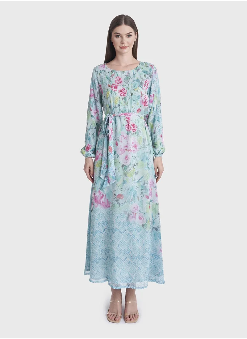 كشخة Flower Print Chiffon Dress with Beads Work