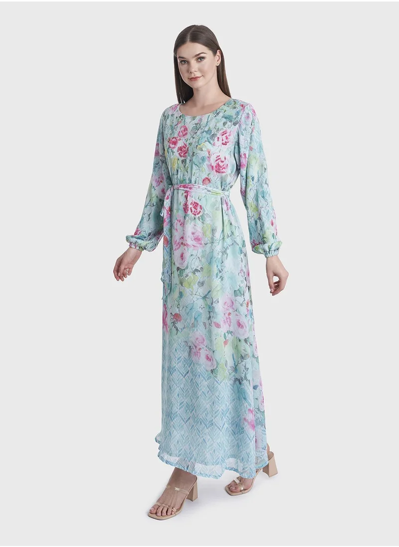 كشخة Flower Print Chiffon Dress with Beads Work