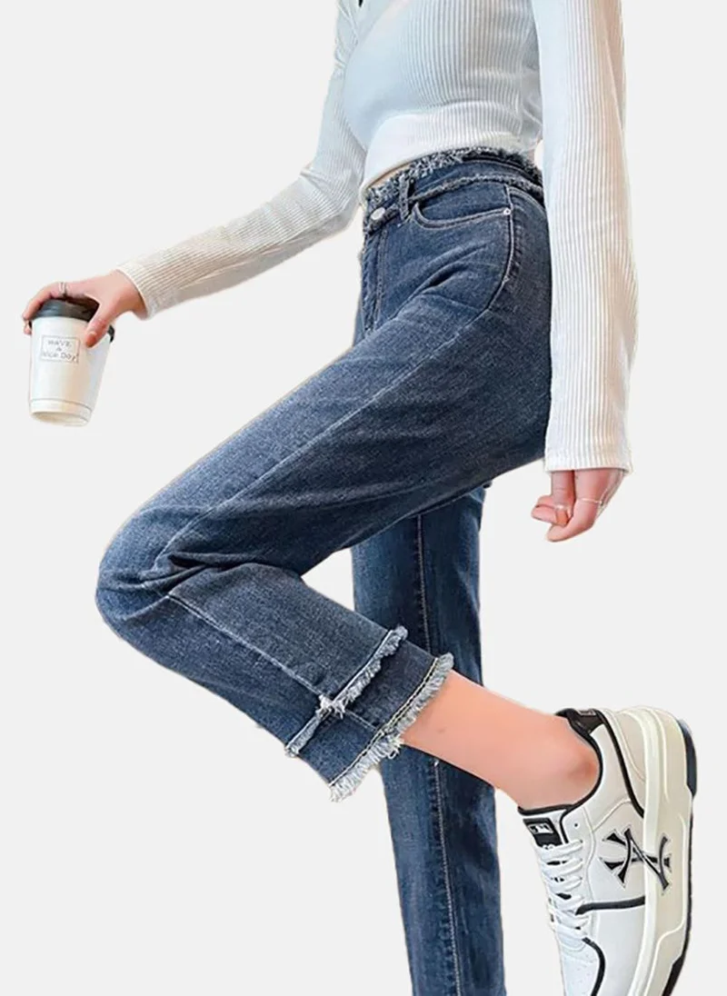 يونيكي Blue Solid Mid Rise Slim Straight Jeans