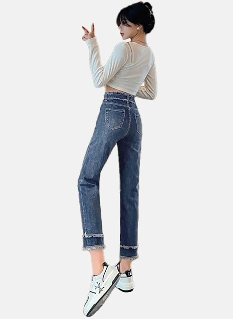 يونيكي Blue Solid Mid Rise Slim Straight Jeans