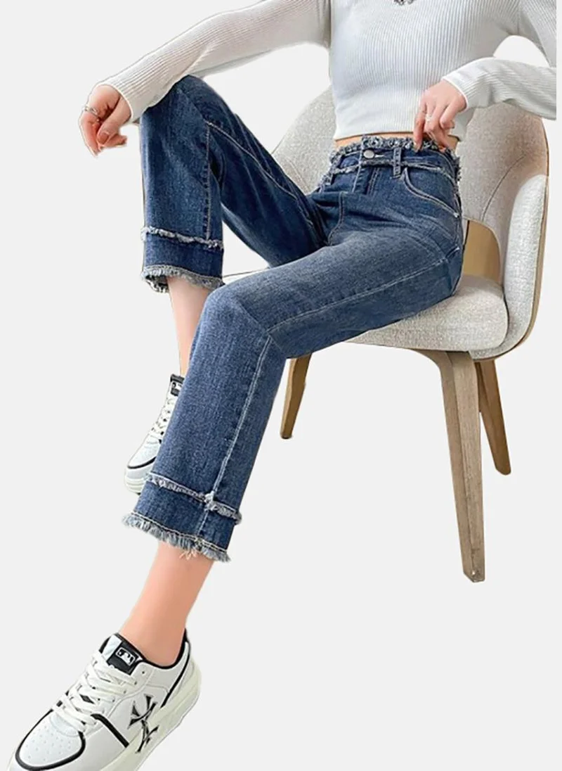 يونيكي Blue Solid Mid Rise Slim Straight Jeans
