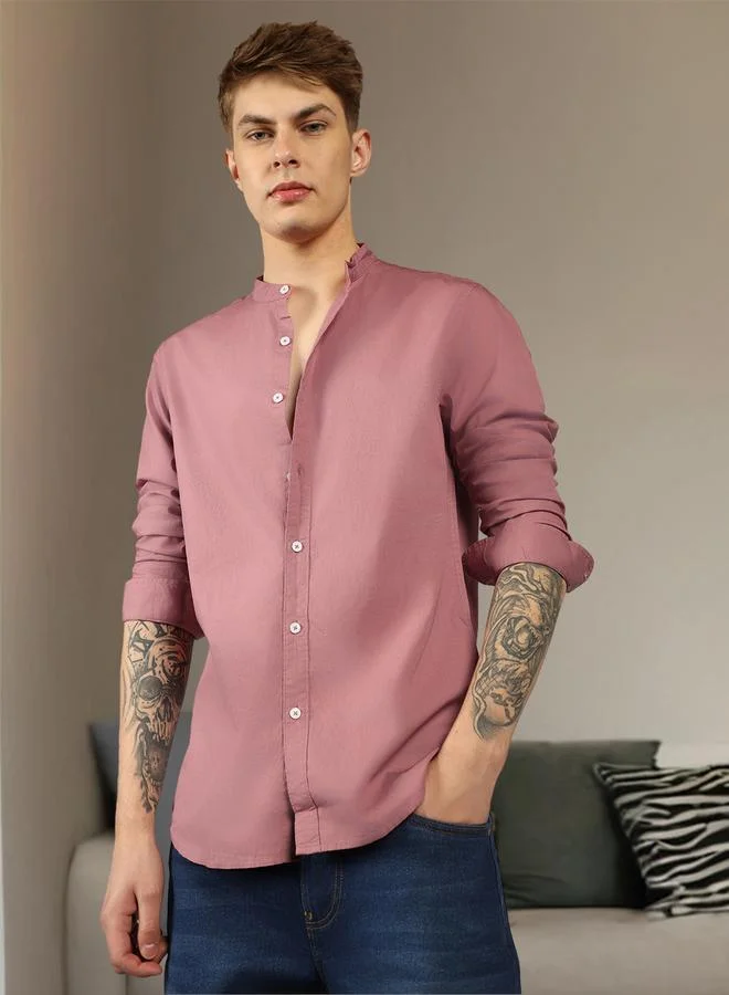 Dennis Lingo Men's Dusty Pink Slim Fit Casual Spread Shirt