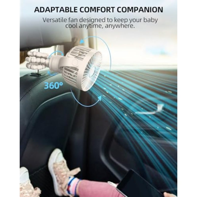 Portable Stroller Mini Fan, Small Rechargeable Personal Fan, Travel Essentials for Baby, Wagon, Car Seat, Treadmill, Battery Powered Biking Gear Accessories, 360° Rotation, 3-Speed, Display - Image 5