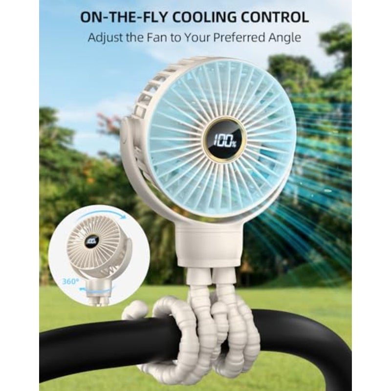 Portable Stroller Mini Fan, Small Rechargeable Personal Fan, Travel Essentials for Baby, Wagon, Car Seat, Treadmill, Battery Powered Biking Gear Accessories, 360° Rotation, 3-Speed, Display - Image 2