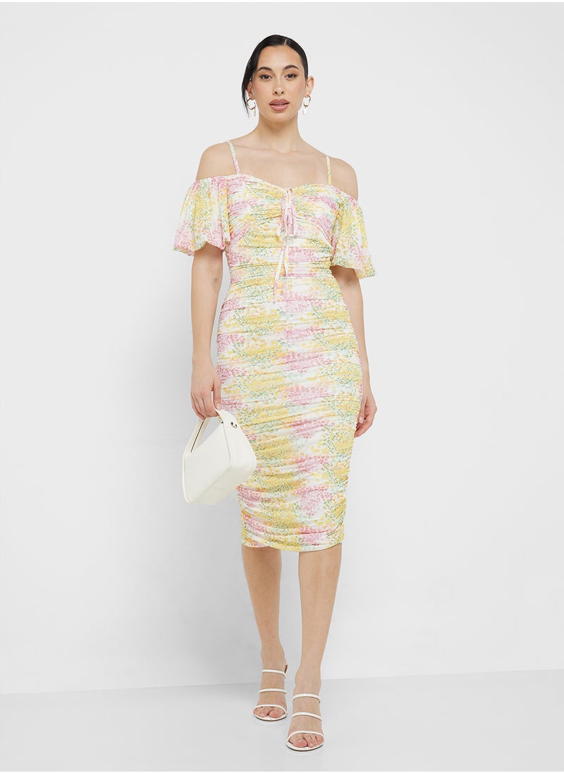 Little Mistress Blossom Ruched Bodycon Midi Dress  - Image 1