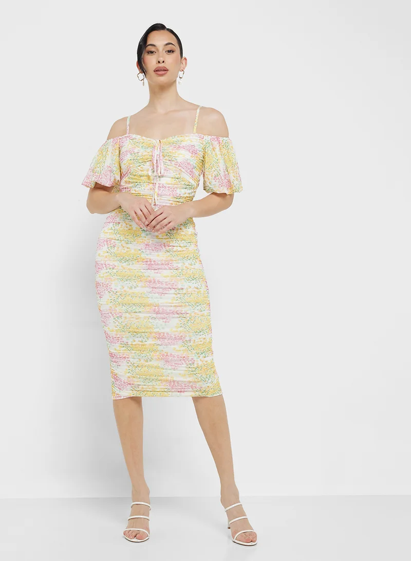 Little Mistress Floral Ruched Midi Dress