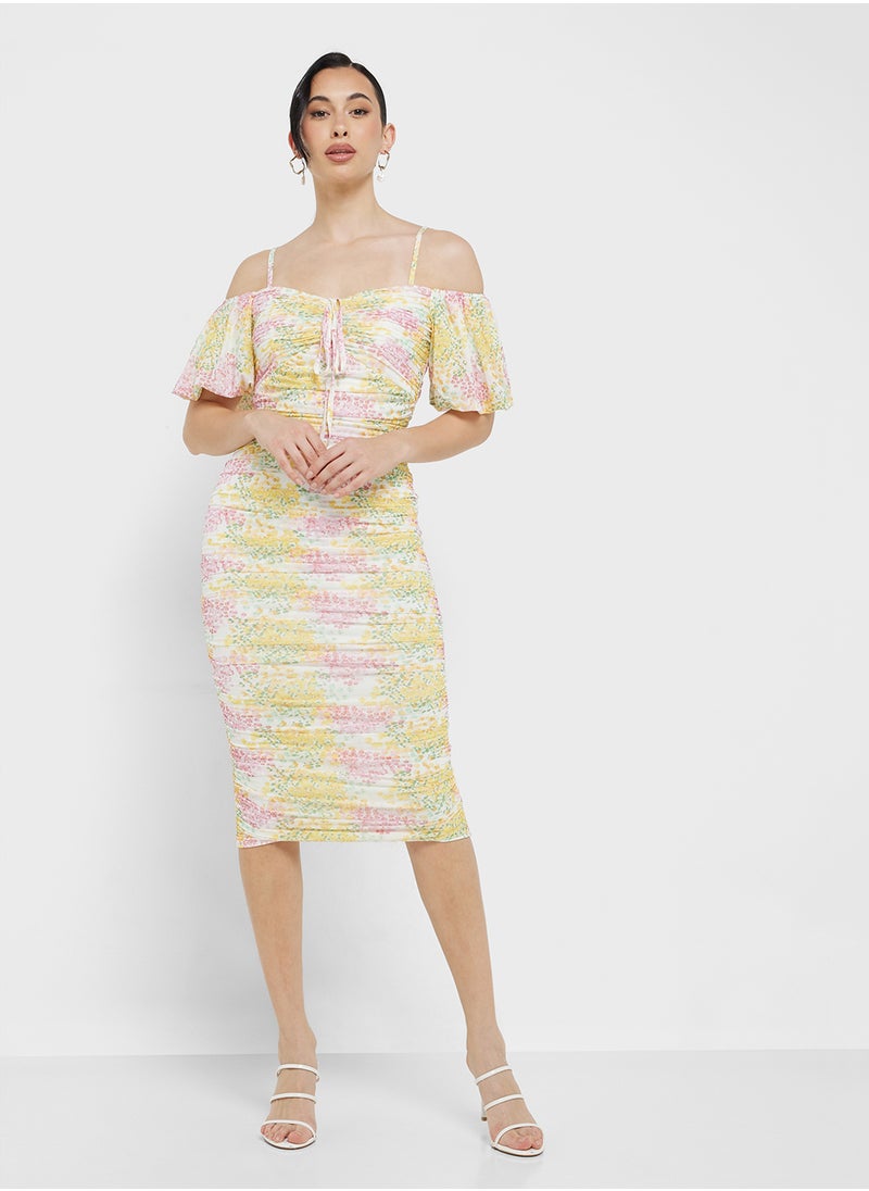 Little Mistress Blossom Ruched Bodycon Midi Dress  - Image 4