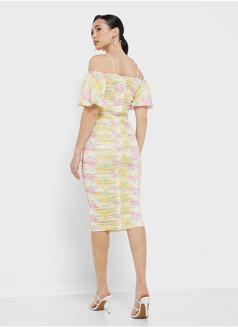 Little Mistress Blossom Ruched Bodycon Midi Dress  - Image 2
