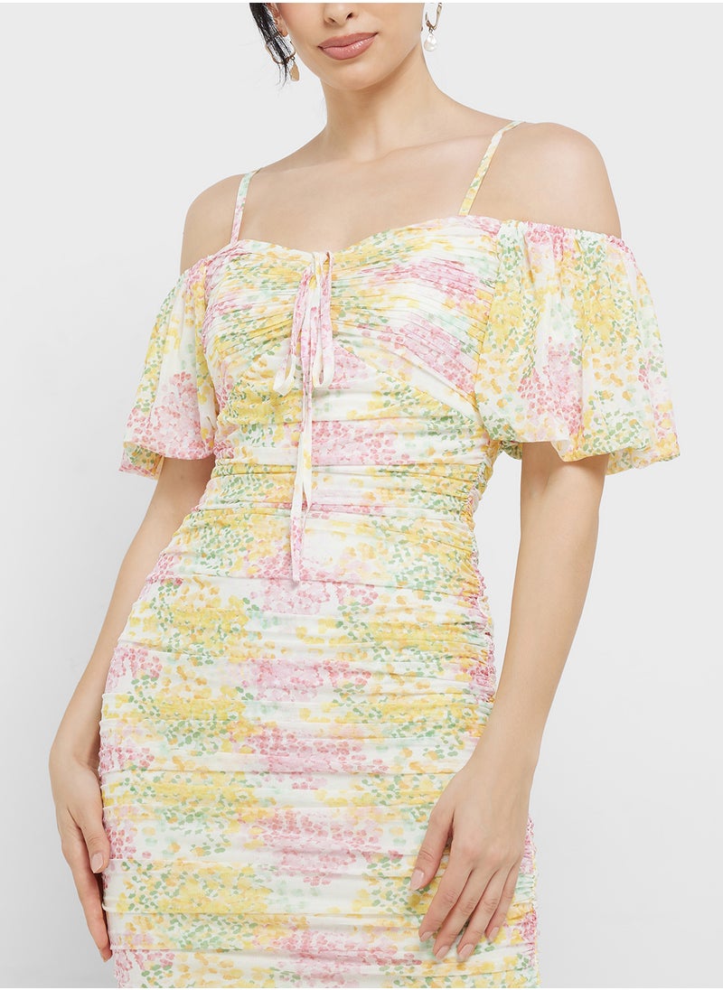 Little Mistress Blossom Ruched Bodycon Midi Dress  - Image 3