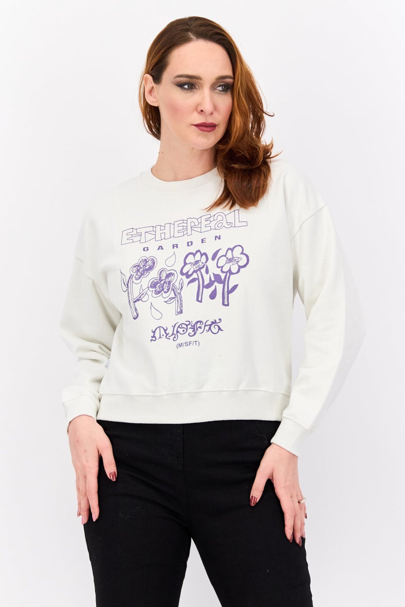 Misfit Women Crew Neck Graphic Print Long Sleeves Sweatshirt, Off White - Image 1