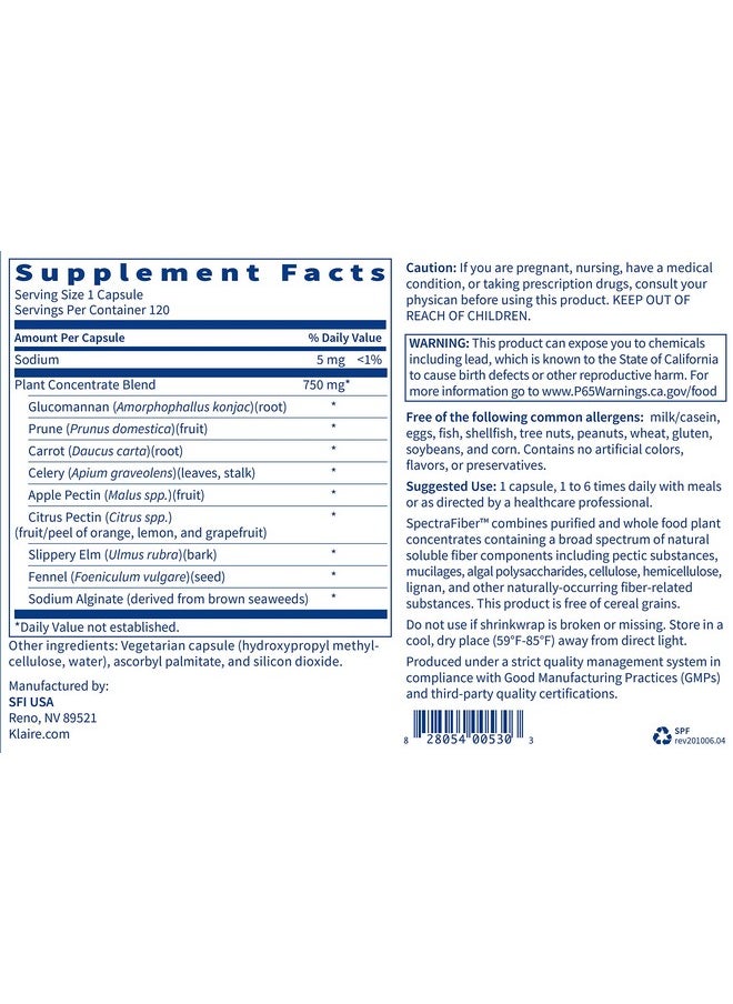 Klaire Labs - Spectrafiber Hypoallergenic 9 Soluble Fiber Blend With Apple Pectin & Glucomannan No Psyllium & Gluten Free (120 Capsules) - Image 1