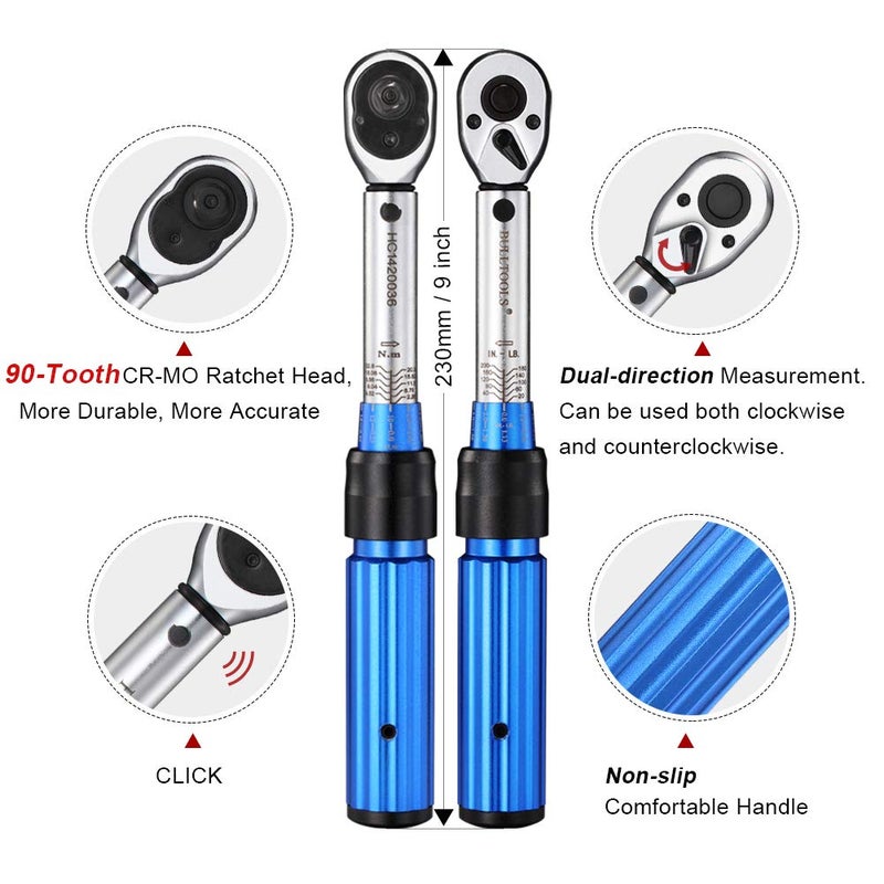 BULLTOOLS 1/4-inch Drive Click Torque Wrench Set Dual-Direction Adjustable 90-tooth Torque Wrench with Buckle (20-200in.lb / 2.26-22.6Nm) - Image 2