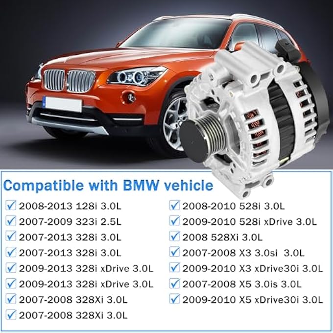 BOMLING Alternator 11301 Fit for BMW 128i 2008-2013 323i 2007-2009 328i 2007-2013 328i xDrive 2009-2013 328Xi 2007-2008 528i 2008-2010 528i xDrive 2009-2010 3.0L Replace 0121715012 12-31-7-550-968 - Image 2