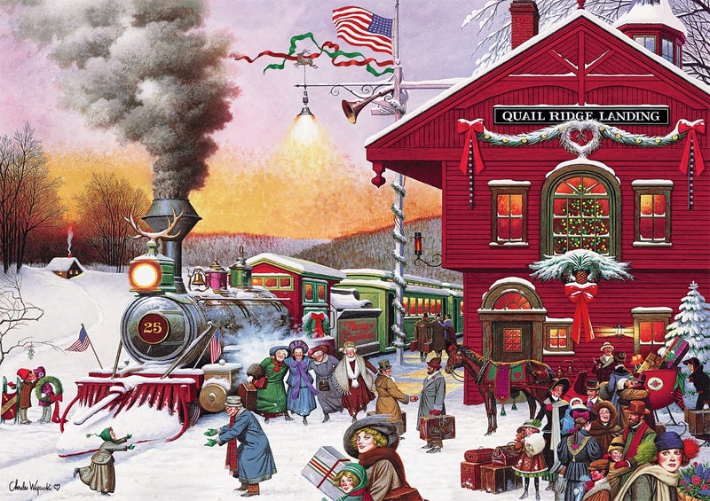 Buffalo Games - Charles Wysocki - Whistle Stop Christmas - 500 Piece Jigsaw Puzzle Red, Violet, Green, 21.25"L X 15"W - Image 1