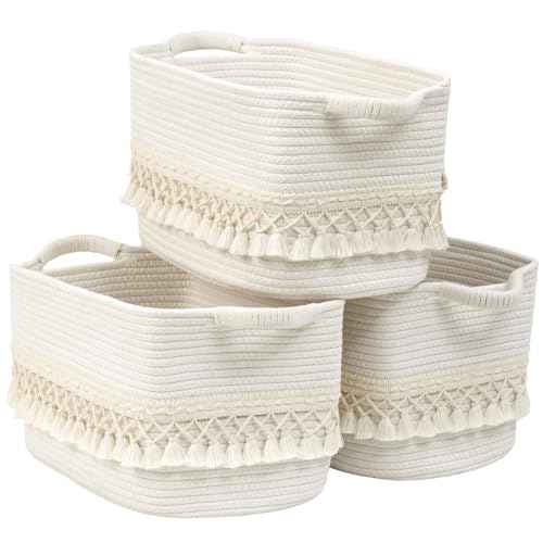 Degeyoyo 3 Pack Storage Basket for Shelves Boho Cotton Rope Storage Bins with Heavy Tassel Shelf Baskets Large Woven Baskets for Organizing Cube Organizer Bins Baby Laundry Basket for Clothes Toys Pets - Image 1