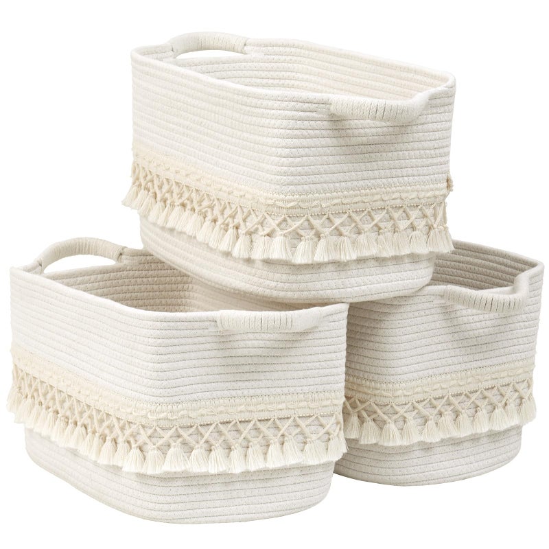 Degeyoyo 3 Pack Storage Basket for Shelves Boho Cotton Rope Storage Bins with Heavy Tassel Shelf Baskets Large Woven Baskets for Organizing Cube Organizer Bins Baby Laundry Basket for Clothes Toys Pets - Image 2
