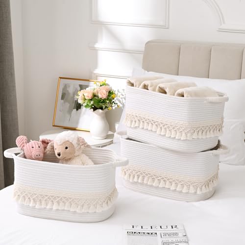 Degeyoyo 3 Pack Storage Basket for Shelves Boho Cotton Rope Storage Bins with Heavy Tassel Shelf Baskets Large Woven Baskets for Organizing Cube Organizer Bins Baby Laundry Basket for Clothes Toys Pets - Image 3