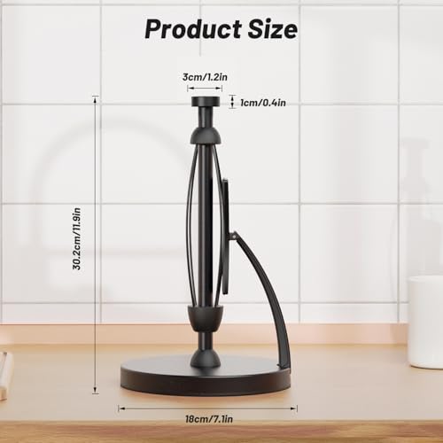 VEHHE Paper Towel Holder Countertop, One-Handed Tear, Stainless Steel, Stand Paper Towel Holder with Spring Activated Arm & Non Slip Weighted Base, for Kitchen Bathroom (Black) - Image 5