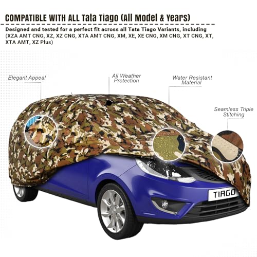 Pivalo Car Body Cover for Tata Tiago All Model & Years (2016-2026) 100% Waterproof with Mirror Pockets, Triple Stitched Dustproof Heat Resistant UV Protection (Military/Jungle/Camouflage) - Image 2