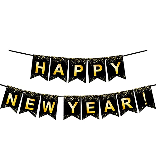 Fecedy Black Gold Happy New Year Banner for New year Party Decorations - Image 1