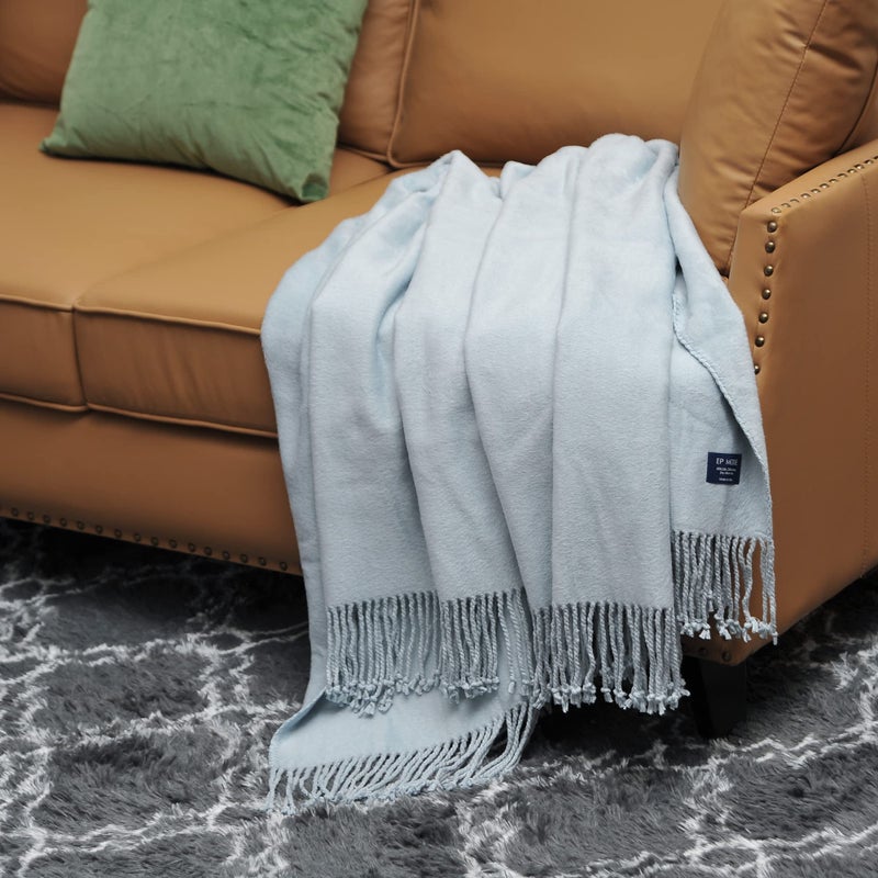 EP Mode Fringed Mulberry Silk Throw Blanket for Sofa (Baby Blue) - Image 3