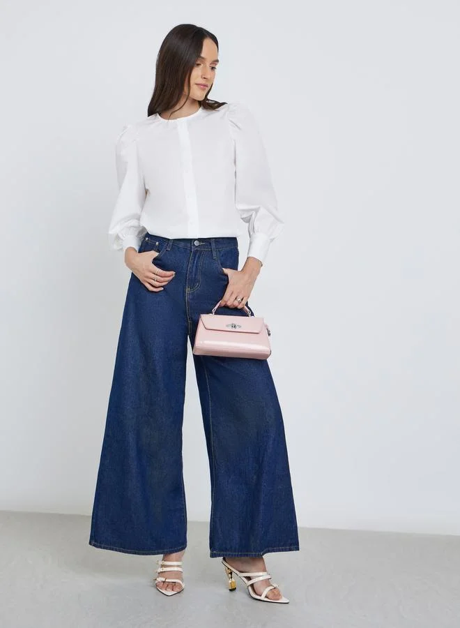 Styli Styli Solid Balloon Sleeve Buttoned Blouse