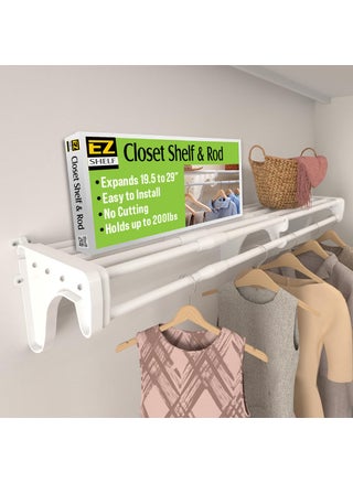 EZ SHELF  Closet Shelf with Hanging Rod  195 to 29 Expandable White Closet Shelves  Strong Holds 200 lbs  Easy Install  Backwall floating with 2 End Brackets Alternative to Wire Shelving - pzsku/ZCFBBD5956C9DD558D939Z/45/1749490498/b0cc677c-34a0-4b1a-ae87-5db179040ea3