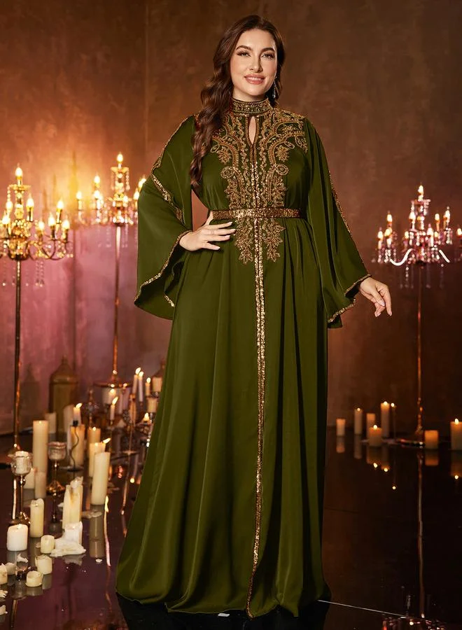 Unithorse olive green Plus Size Olive Sequin Maxi Dress with Bell Sleeves for Women | Best Price UAE